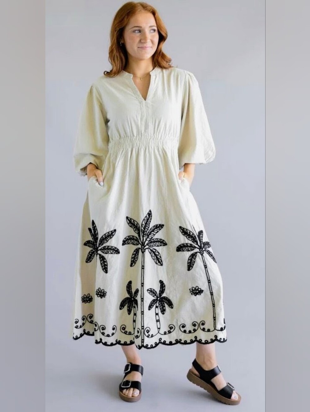 NWT Simply Southern Puff Sleeve XXL Dress w/Embroidered Palm Trees - Picture 3 of 12